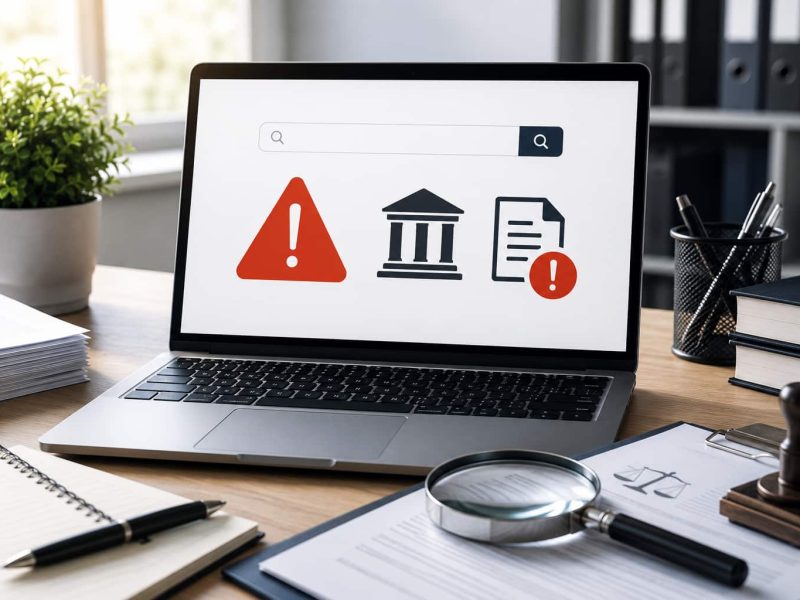 Laptop z alertem ostrzegawczym oraz dokumenty prawne symbolizujące weryfikację, czy dłużnik znajduje się w trakcie postępowania upadłościowego