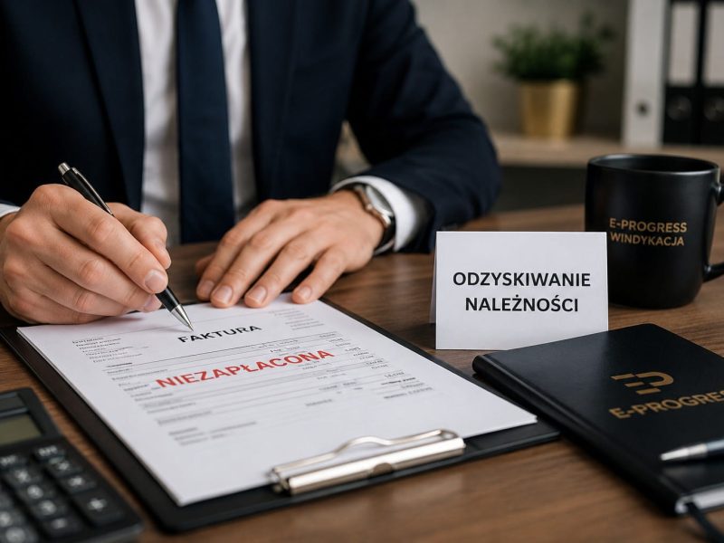 Przedsiębiorca analizujący dokumenty i faktury, szukający rozwiązania w sytuacji, gdy kontrahent nie płaci.
