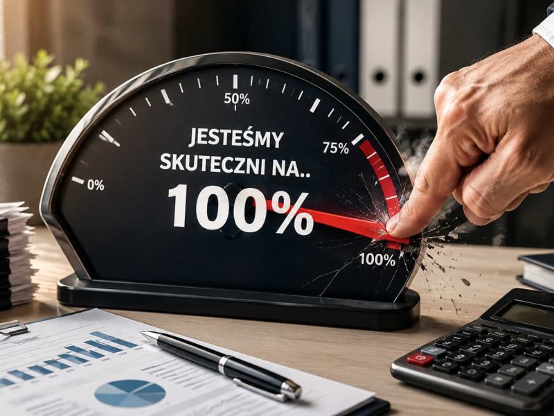 Licznik skuteczności firmy windykacyjnej sztucznie dociskany do 100 procent jako symbol manipulowania statystykami i marketingowymi deklaracjami