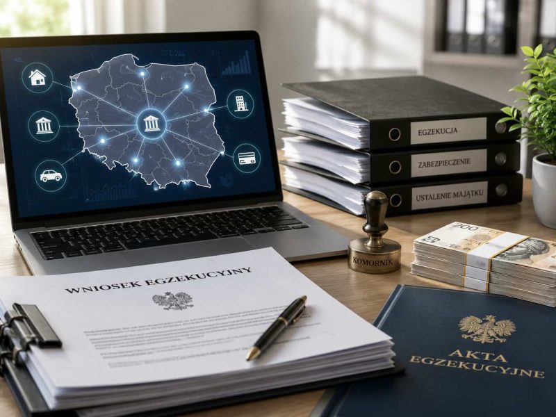 Laptop z mapą Polski oraz dokumenty egzekucyjne symbolizujące analizę majątku dłużnika i wybór skutecznego komornika