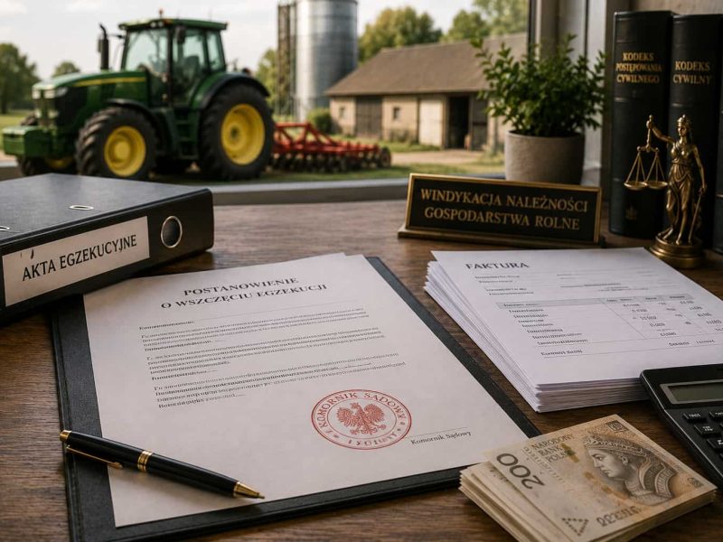 Dokumenty egzekucyjne, faktury i traktor w tle symbol dla windykacja rolników oraz egzekucja z gospodarstwa rolnego