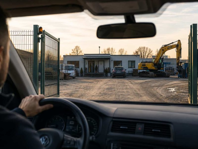 Widok z samochodu podczas wjazdu na teren firmy dłużnika - windykacja terenowa