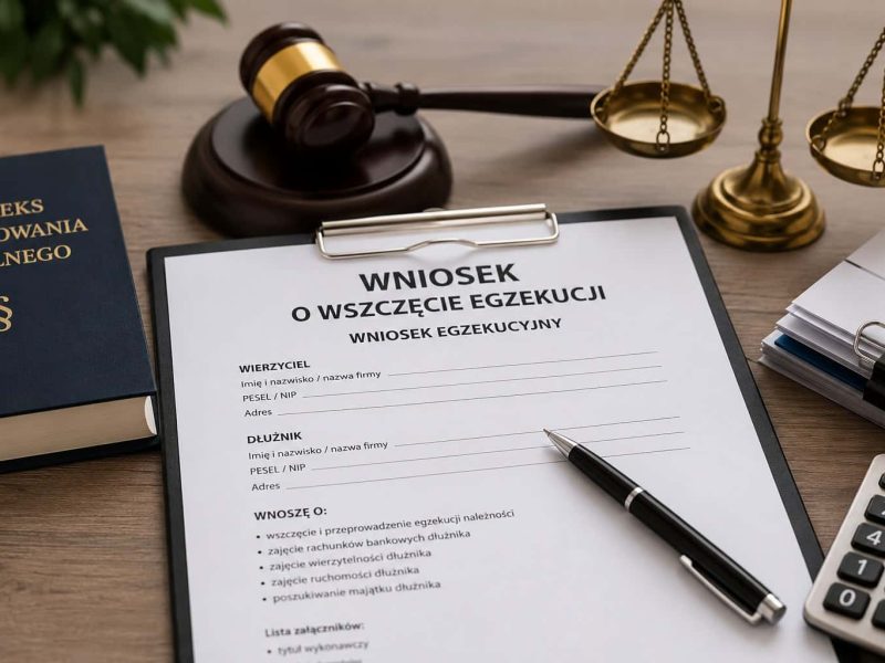 Wniosek o wszczęcie egzekucji złożony na biurku obok kodeksu postępowania cywilnego, młotka sędziowskiego i wagi sprawiedliwości