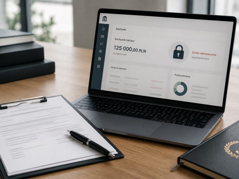 Laptop z widoczną blokadą rachunku bankowego oraz dokument wniosku do komornika symbolizujące zabezpieczenie środków na koncie dłużnika