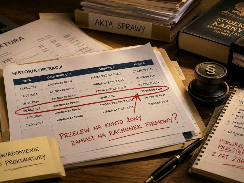 Grafika przedstawiająca analizę dokumentów i historii przelewów w sprawie zawiadomienia do prokuratury za brak zapłaty faktury